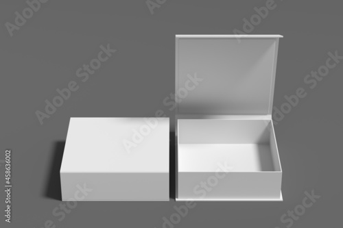 White opened and closed square folding gift box mock up on gray background. Front view. © dimamoroz