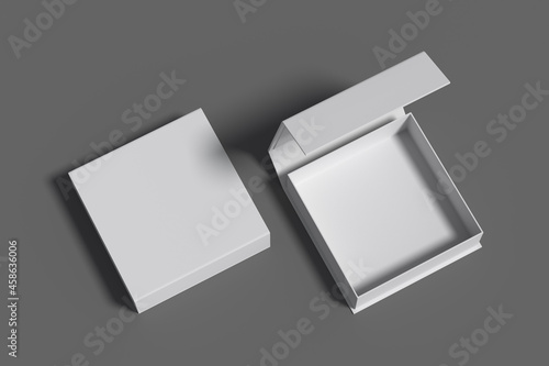White opened and closed square folding gift box mock up on gray background. View above. © dimamoroz