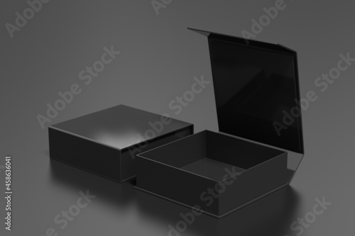 Black opened and closed square folding gift box mock up on black background. Side view.