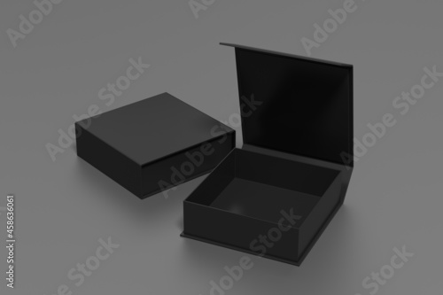 Black opened and closed square folding gift box mock up on gray background. Side view.