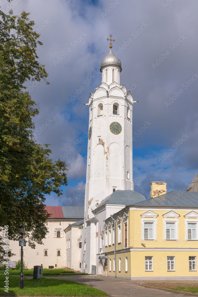 Chasozvonya (bell tower with a clock) Vladychny courtyard in the Kremlin in Veliky Novgorod