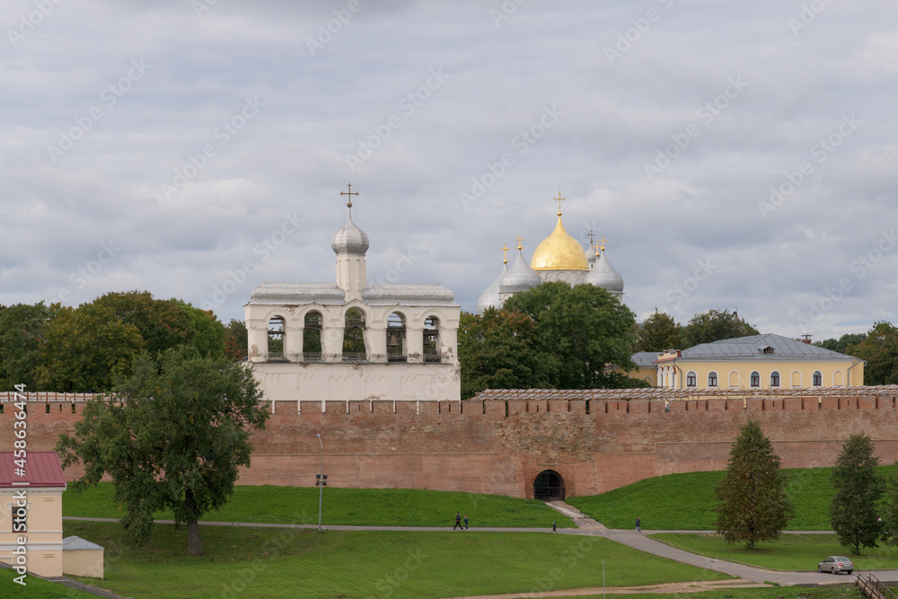 Red brick fortress walls of Kremlin of Novgorod. Veliky Novgorod,