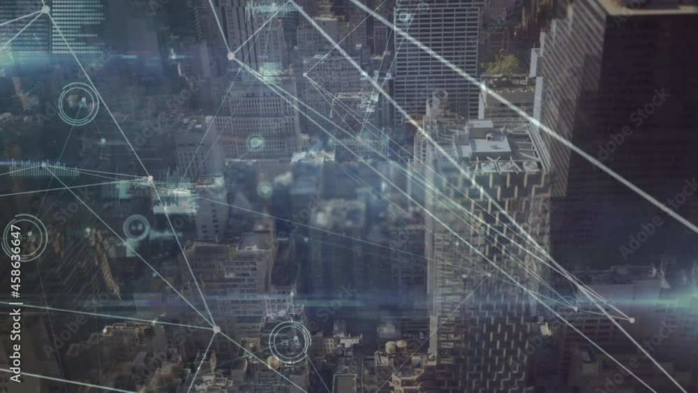Animation of network of connections and data processing over cityscape Animation of network of connections and data processing over cityscape