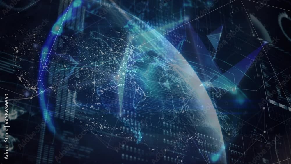 Animation of network of connections and data processing over world map, globe and screens Animation of network of connections and data processing over world map, globe and screens