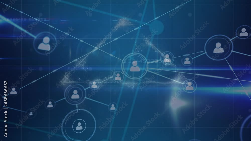 Animation of network of connections and digital shapes on blue background Animation of network of connections and digital shapes on blue background