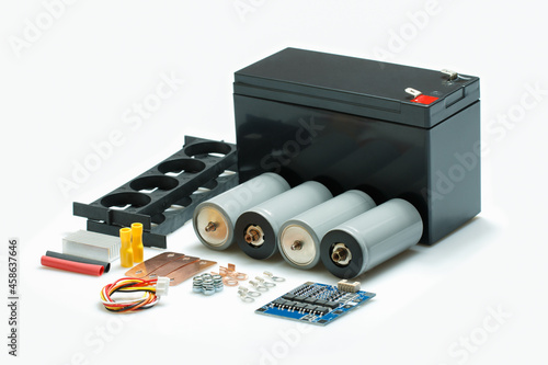12 Volt, Lithium Iron Phosphate Battery or LiFePO4 Rechargeable DIY kit for EV, eBikes, Outdoor Solar System with isolated on white background with clipping path, Selective focus.