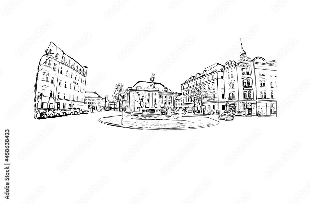 Building view with landmark of Klagenfurt is the 
city in Austria. Hand drawn sketch illustration in vector.
