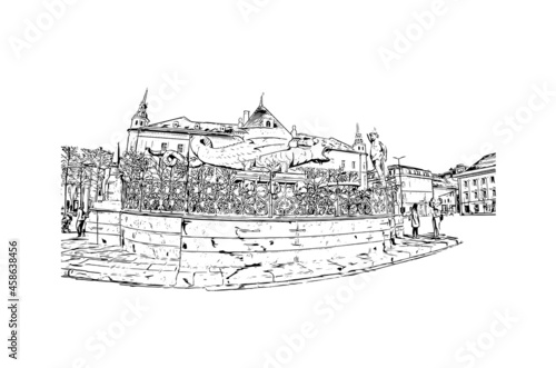 Building view with landmark of Klagenfurt is the 
city in Austria. Hand drawn sketch illustration in vector.