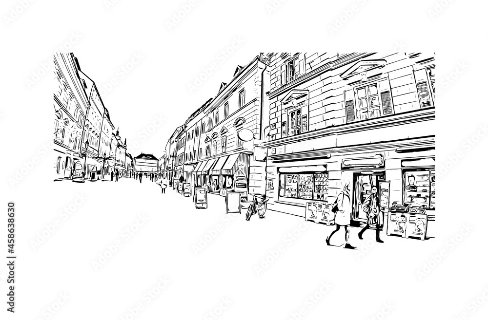 Obraz premium Building view with landmark of Klagenfurt is the city in Austria. Hand drawn sketch illustration in vector.
