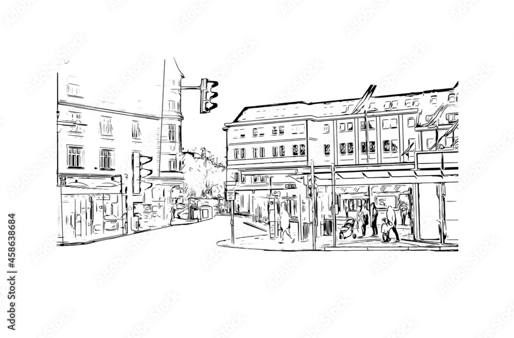 Obraz premium Building view with landmark of Klagenfurt is the city in Austria. Hand drawn sketch illustration in vector.