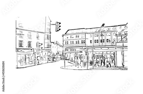 Building view with landmark of Klagenfurt is the 
city in Austria. Hand drawn sketch illustration in vector.