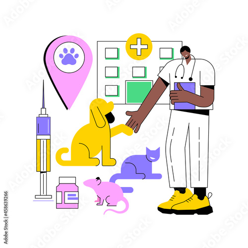 Vet clinic abstract concept vector illustration. Vet hospital, surgery, vaccination services, animal clinic, pets medical care, veterinary service, diagnostic equipment abstract metaphor.
