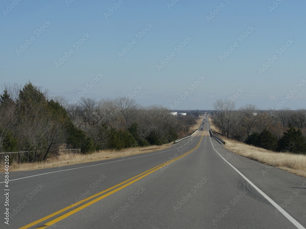 Straight paved road with leafless trees on a winter morning in Midwest America