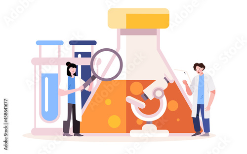 Pharmacist scientist analyzing engineering pharmaceutical research using microscope modern cartoon flat color style isolated vector design