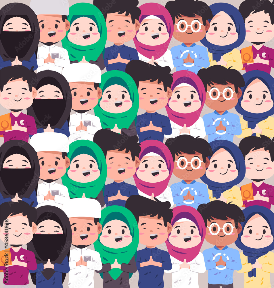 Various couple Muslim Islamic character face with various dress diversity in Islam mosaic modern cartoon flat color style vector design Various couple Muslim Islamic character face with various dress diversity in Islam mosaic modern cartoon flat color style vector design