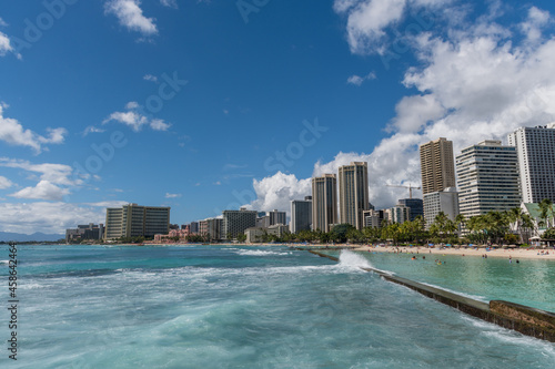 Scenic panoramic Waikik Beach vista on a beautiful sunny, Honolulu, Oahu, Hawaii