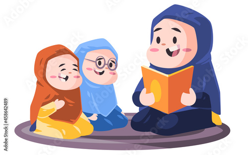muslim woman with hijab teaching holy book alquran Quran with children modern cartoon flat color style isolated vector design