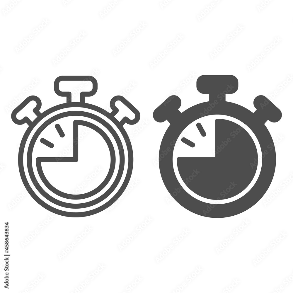 Stopwatch with buttons, 45 seconds, timer, chronometer line and solid icon, time concept, clock vector sign on white background, outline style icon for mobile concept and web design. Vector graphics.