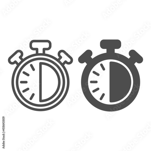 Stopwatch with buttons, 30 seconds, timer, chronometer line and solid icon, time concept, clock vector sign on white background, outline style icon for mobile concept and web design. Vector graphics.