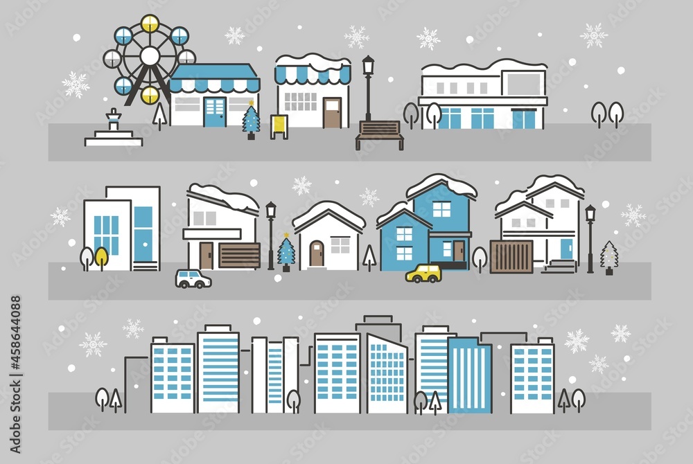 シンプルでかわいい冬の街並みのベクターイラスト素材 ビル 家 クリスマス Stock Vector Adobe Stock