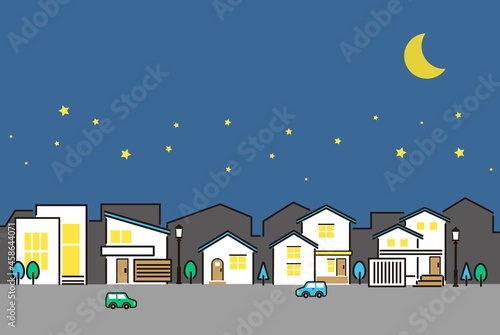 シンプルでかわいい街並みのベクターイラスト素材／夜／真夜中／家