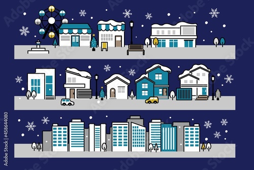 シンプルでかわいい冬の街並みのベクターイラスト素材／ビル／家／クリスマス
