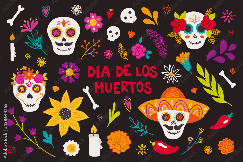 Day of the dead set with scull, flower, bone, candle Day of the dead set with scull, flower, bone, candle