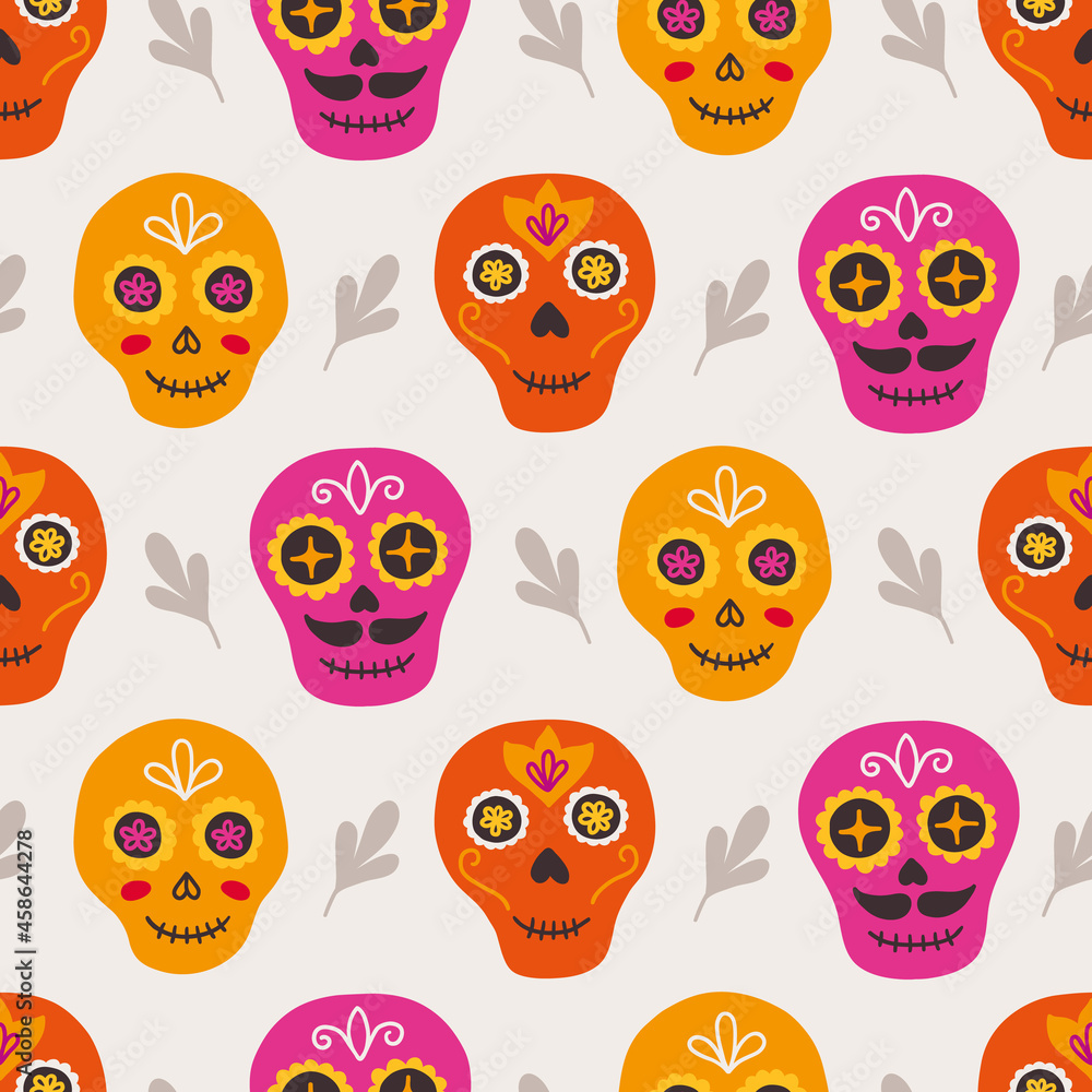 Day of the dead seamless pattern with colorful sculls, branches
