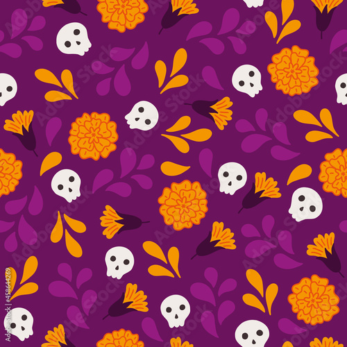 Day of the dead seamless pattern with scull and marigold