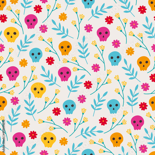 Day of the dead seamless pattern with flowers, leaves, sculls
