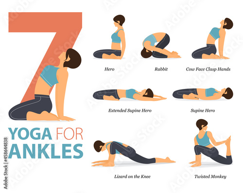 7 Yoga poses or asana posture for workout in ankle stretch concept. Women exercising for body stretching. Fitness infographic. Flat cartoon vector