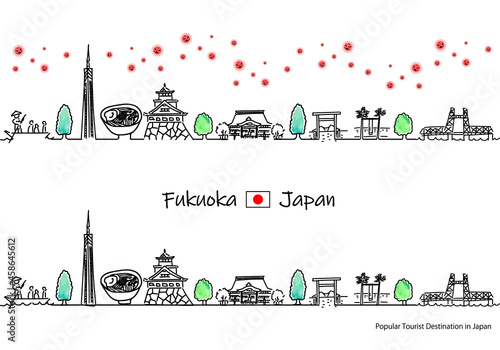 福岡県の観光地の街並みと新型コロナウイルスのシンプル線画セット photo