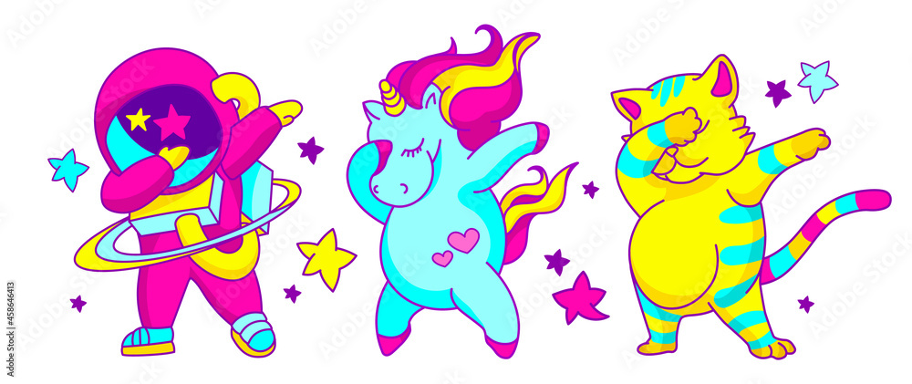 Dabbing dance vector design concept. Acid crazy illustration with unicorn, cat and dabbing astronaut.Trendy t-shirt template, vibrant funny illustration.