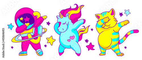 Dabbing dance vector design concept. Acid crazy illustration with unicorn  cat and dabbing astronaut.Trendy t-shirt template  vibrant funny illustration.