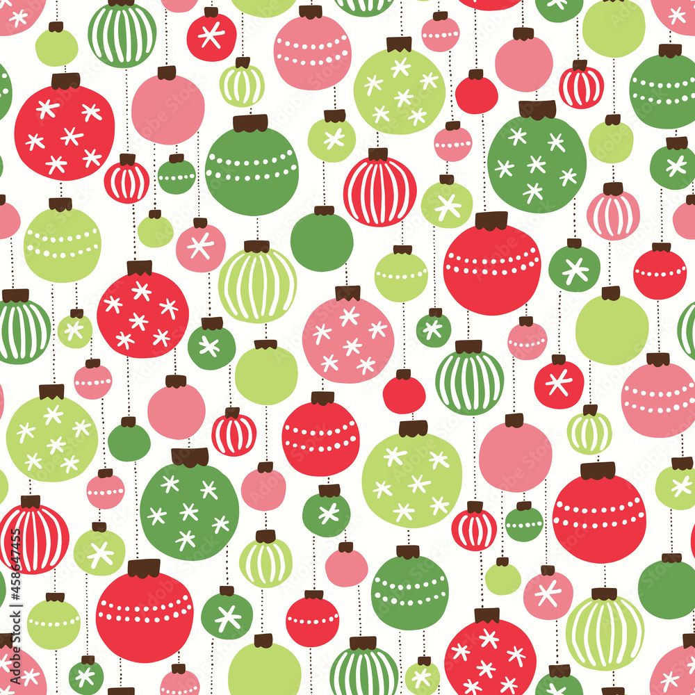Colorful Green and Red Christmas Hanging Baubles Hand Drawn Vector Seamless Pattern. Winter Holiday, New Year Party Print. Modern Festive Illustration Background Colorful Green and Red Christmas Hanging Baubles Hand Drawn Vector Seamless Pattern. Winter Holiday, New Year Party Print. Modern Festive Illustration Background