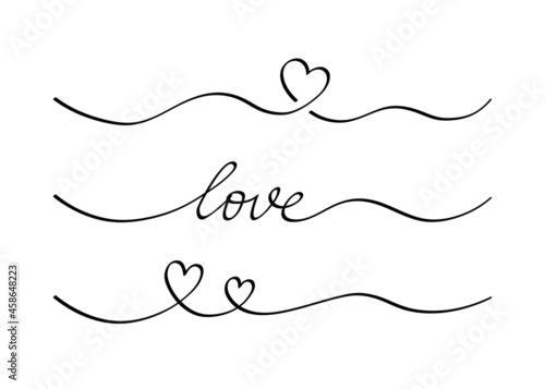 Heart and love swirl divider. Hand drawn sketch doodle style. Line scribble heart thread vector illustration. Love and wedding concept.