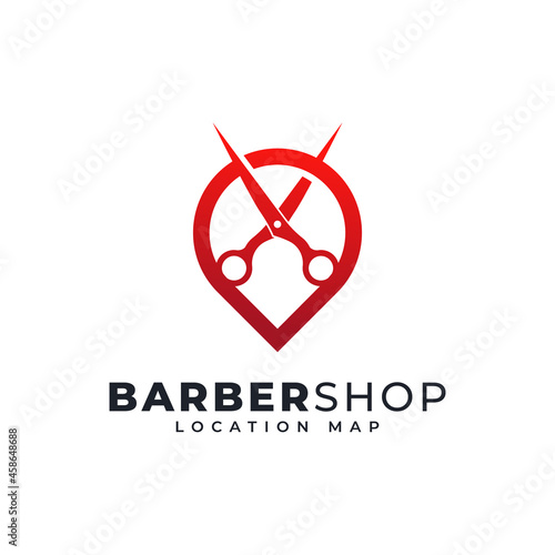 Barbershop Location Logo Template Design. Map Pin Combined with Scissors Icon Vector Illustration