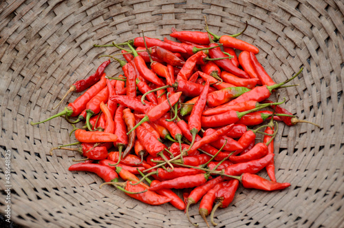 closeup the bunch red ripe dried chilly in the wooden basket over out of focus brown background.