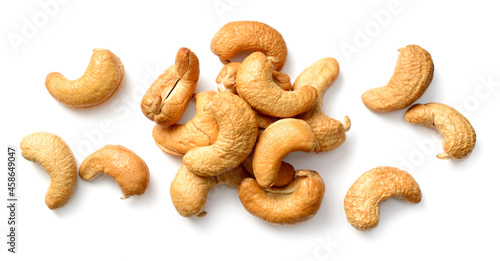 roasted chshew nuts isolated on the white background, top view