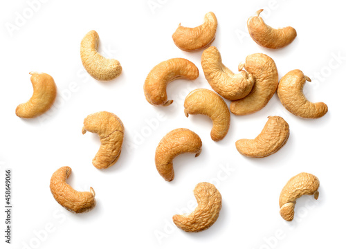 roasted chshew nuts isolated on the white background, top view
