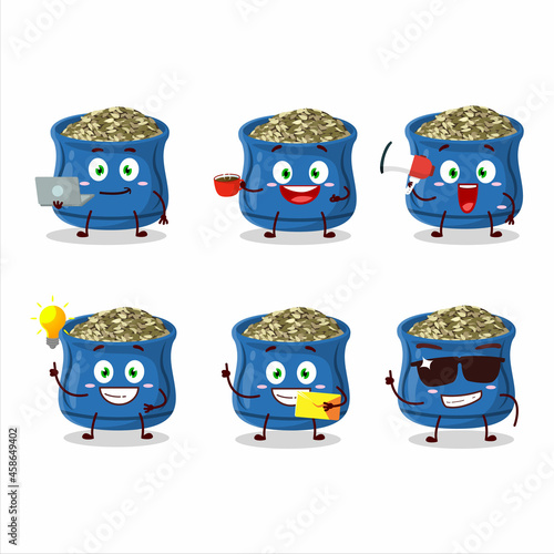Thyme cartoon character with various types of business emoticons