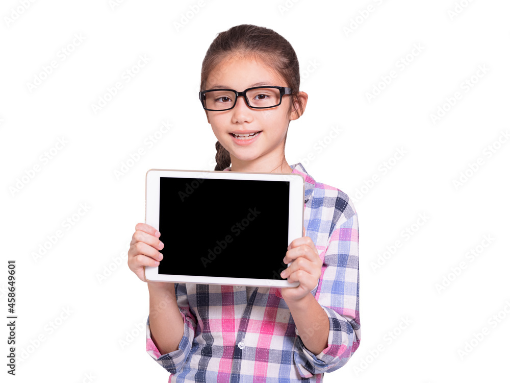 Happy student girl with glasses showing tablet.Isolated on white background. Happy student girl with glasses showing tablet.Isolated on white background.
