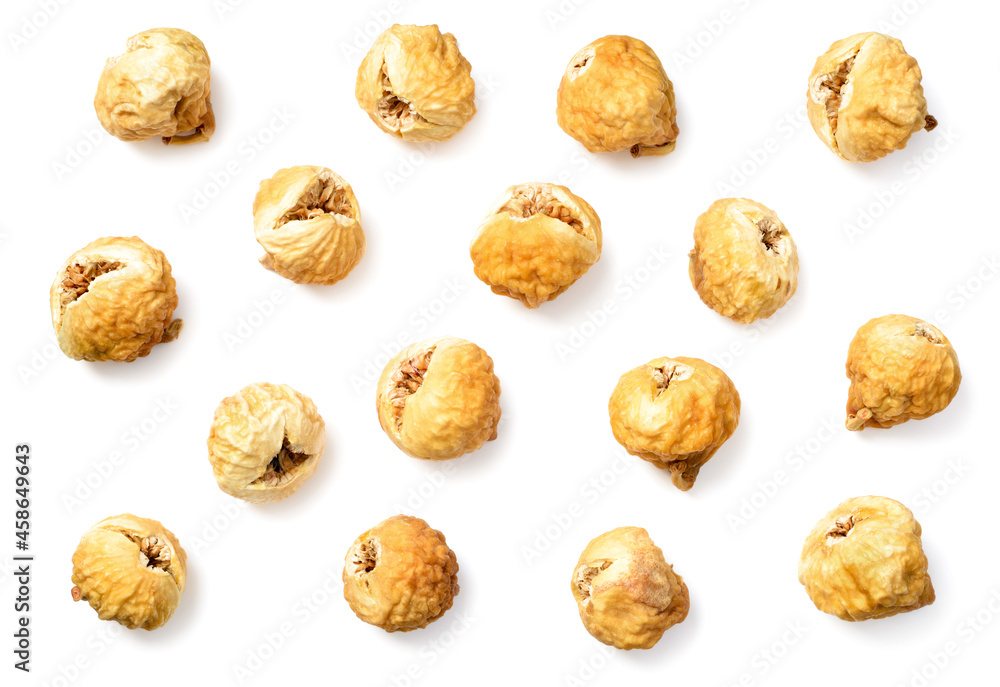 close up of dried fig fruits isolated on the white background, top view