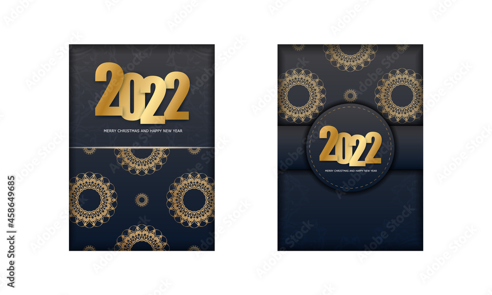 2022 happy new year black color flyer with vintage gold ornament