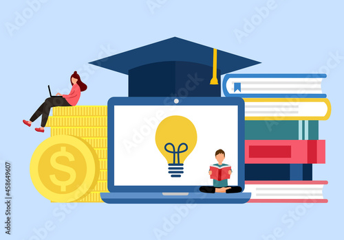 Graduation cost, expensive education, scholarship loan budget, education savings and investment concept. Stack of books, dollar coins, laptop computer and graduation hat in flat design. photo