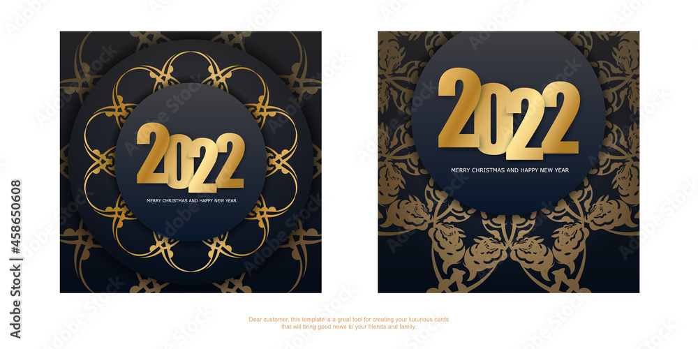2022 holiday card Happy new year black color with vintage gold ornament