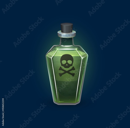 Witchcraft glass bottle with danger poison, magic potion drink, cartoon vector. Skull and crossbones toxic green poisonous potion in glass flask, deadly elixir vial for Halloween spooky alchemy