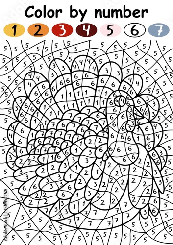 Turkey bird color by number game for children vector illustration. Funny coloring page cute hand-drawn turkey with numbers for kids. Happy Thanksgiving day activity page with farm bird