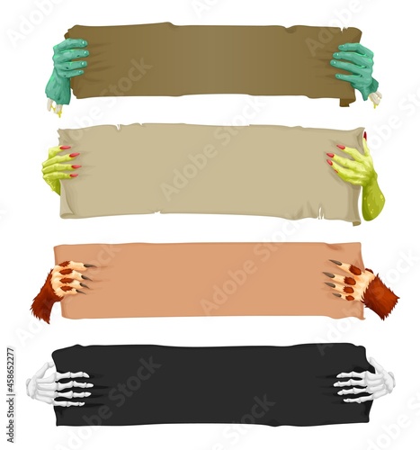 Cartoon scary hands with banners and scrolls, vampire, werewolf, skeleton and Halloween zombie, vector. Creepy monsters and dead arms with horror signs or party posters, blood on nail claws of ogres