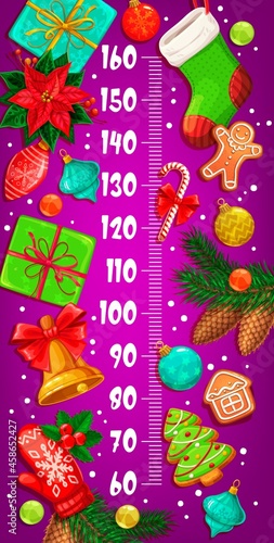 Christmas kids height chart with gifts, poinsettia, holly berry, pine tree and Christmas balls. Vector growth meter, cartoon ruler, wall sticker for children height measurement with scale and presents